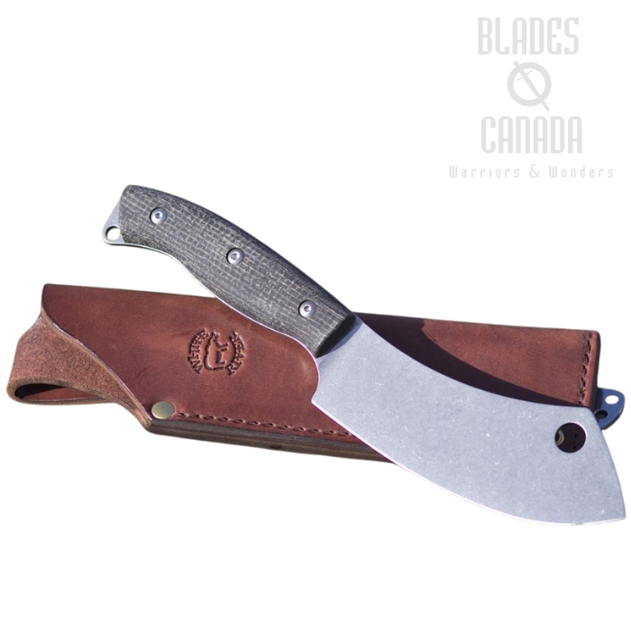 White River Camp Cleaver Fixed Blade Knife, S35VN, Black Burlap Micarta, Leather Sheath White River Camp Cleaver Fixed Blade Knife, S35VN, Black Burlap Micarta, Leather Sheath